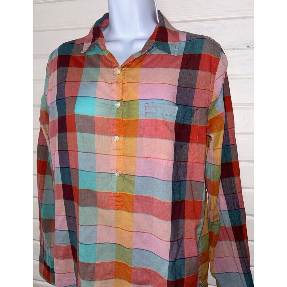 J.CREW Sz 8 Plaid Popover Orange Pink Turquoise Tunic Cotton Stretch L/S EUC